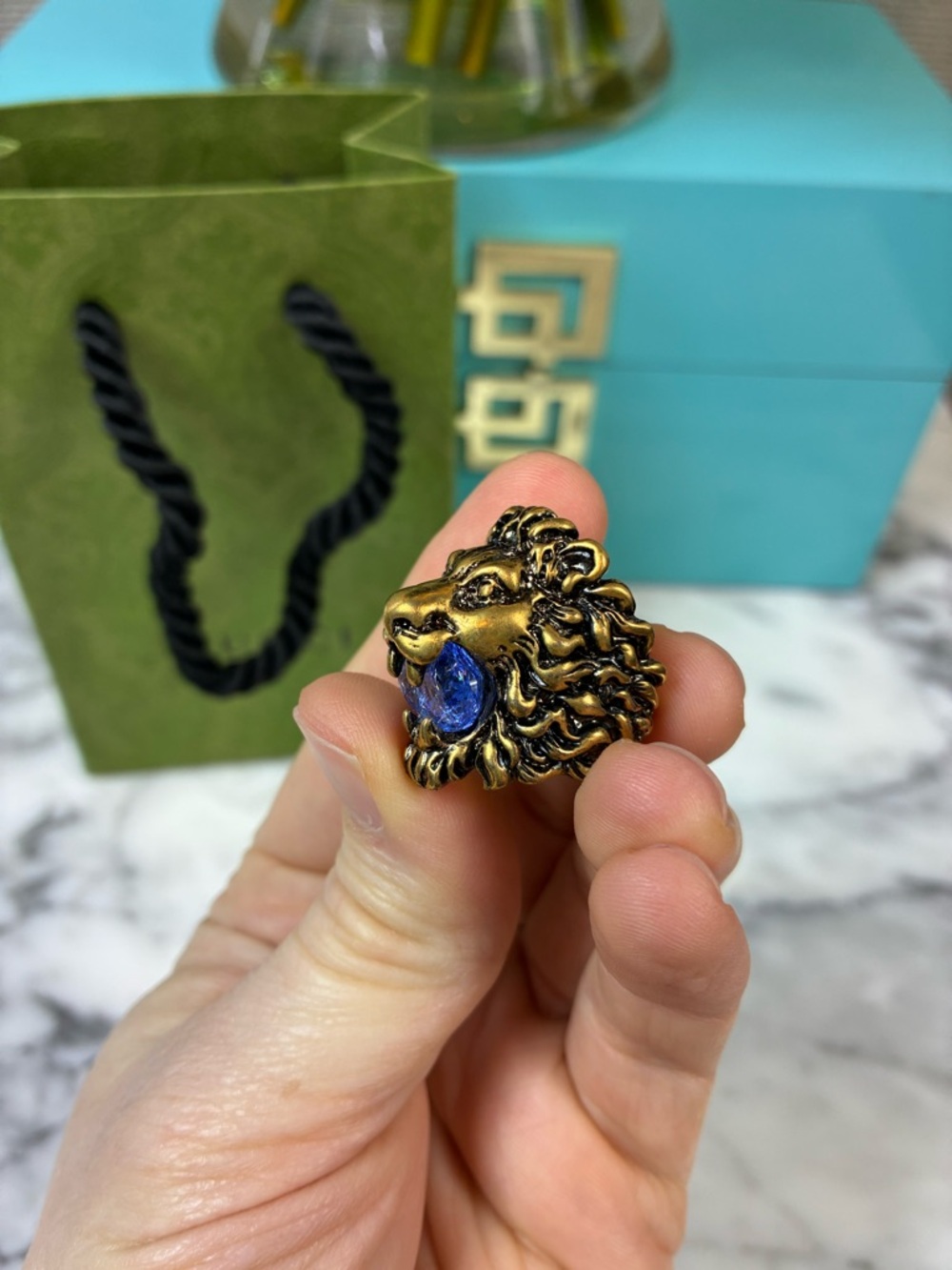 Gucci Lion Head Ring w/ Blue Stone Brand New Authentic - IT Size 16 = 7.75 US - Picture 3 of 9